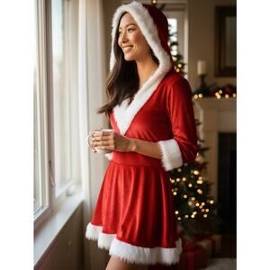 Mrs. Claus Short Dress One Size Red White Hooded Tulle Era Spooky Costume Velvet